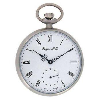 [worldbuyer] Regent Hills Vintage Stainless Steel Case Open Face Mechanical Pocket Watch W/1348964