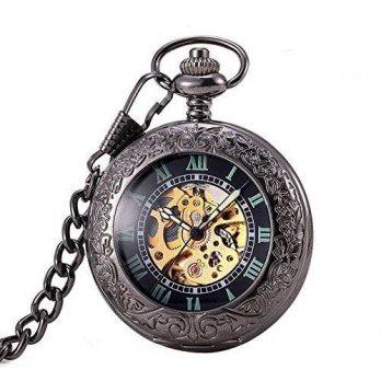 [worldbuyer] SOKI Black Mens Skeleton Automatic Pocket Watch With Magnifying Glass Functio/1344393