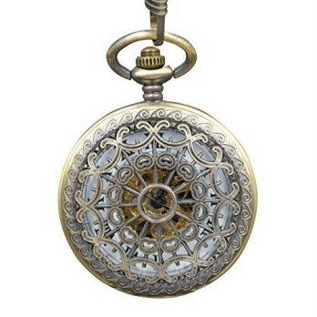 [worldbuyer] ShoppeWatch Pocket Watch Steampunk Mechanical Skeleton Dial Half Hunter Bronz/1341711