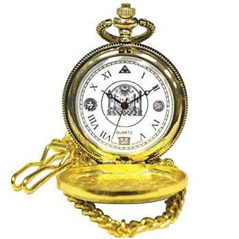 [worldbuyer] Sigma Impex Collectible Golden Free Masons Pocket Watch With Chain, Fob & Lin/1340997