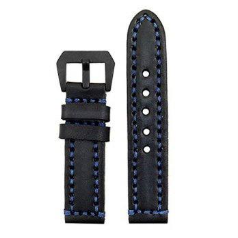 [worldbuyer] StrapsCo 18mm Vintage Thick Leather Watch Band in Black with Heavy Duty Blue /1362890