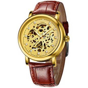 [worldbuyer] TSS Menss Golden Dial Golden Hand Brown Leather Band Automatic Skeleton Watch/1381148