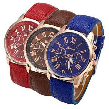 [worldbuyer] Top Plaza 3pcs Womens Watch, Roman Numerals Dial PU Leather Strap Rose Gold T/1378080