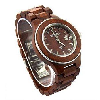 [worldbuyer] Topwell Mens Red Wood Steel Watches with Calendar Red Sandalwood Wristwatches/1375028