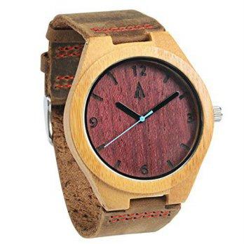 [worldbuyer] Treehut Mens Wooden American Purple Heart Bamboo Watch with Genuine Brown Lea/1374791