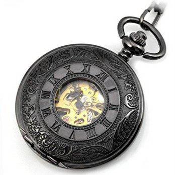 [worldbuyer] WZC Black Vision Tungsten steel Roman Numerals Mechanical Pocket Watch/1340945