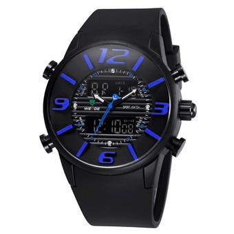 2015 WEIDE WH-3402 Men' Luxury PU Rubber Strap LCD Back Light Military Army Diver Sport Wristwatch - Black + Blue  