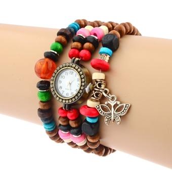 360DSC Luxury Vintage Hollow out Butterfly Pendant Stretch Bracelet Beaded Watches  