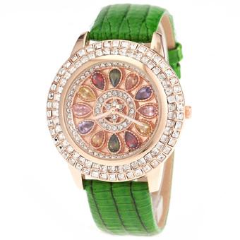 360DSC Tianshou 0722G Women's Colorful Stones Rhinestone Circle Design Round Dial Analog Qaurtz Wrist Watch with Genuine Leather Band - Green  