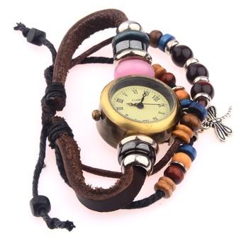 360WISH Lady Dragonfly Pendant Beaded Leather Bracelet Watch  