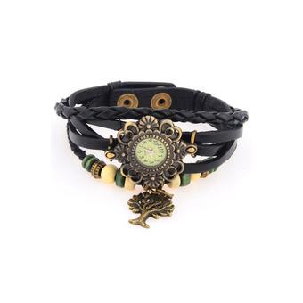 360WISH Vintage Genuine Leather Bracelet Watch with Tree Pendant Black  