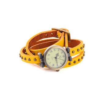 360WISH Women’s Rivet Vintage Style Analog Quartz Leather Wrap Wrist Watch - Yellow  