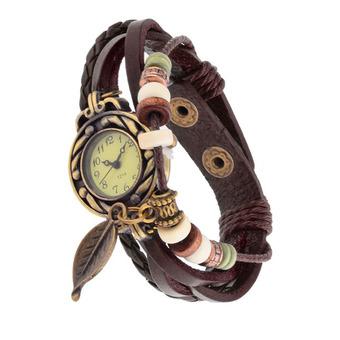 360WISH Women’s Weave Leaf Leather Vintage Bangle Bracelet Quartz Wrist Watch Coffee  