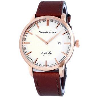 Alexandre Christie Jam Tangan Pria - Putih Rosegold - Kulit Cokelat - AC 8460  