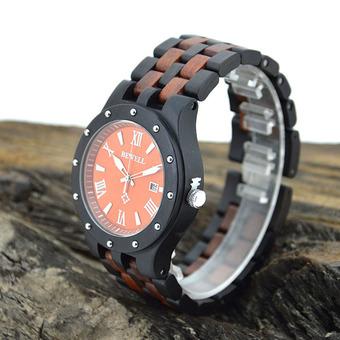 BEWELL Trendy Unique Wood Quartz Men Watch Water-resistant Lightweight Luminous Unisex Wristwatch with Calendar Black+Red Sandalwood (Intl)  