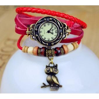 BUYINCOINS Hot Woman Man Leather Weave Wrap Wrist OWL Watch Charm Bracelet (Red) (Intl)  