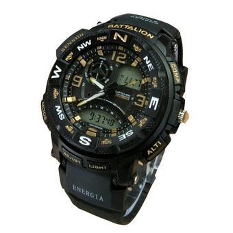 Battalion BT 5431PM Dual Time Hitam Gold - Jam Tangan Pria- Rubber Strap- Analog Digital  