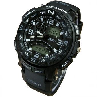 Battalion BT 5431PM Dual Time Hitam Putih - Jam Tangan Pria- Rubber Strap- Analog Digital  