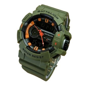 Battalion Bt-5432 Am Dual Time Hijau Army Orange Jam Tangan Pria- Rubber Strap-Analog Digital  