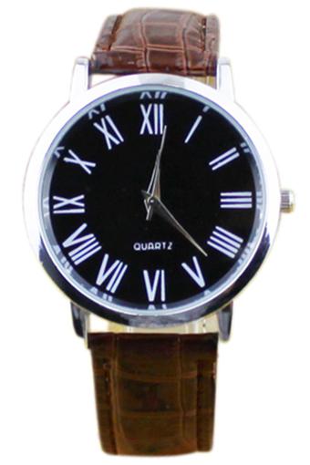 Blue lans Men's Roman Numerals Brown Strap Black Dial Leatheroid Quartz Watch  