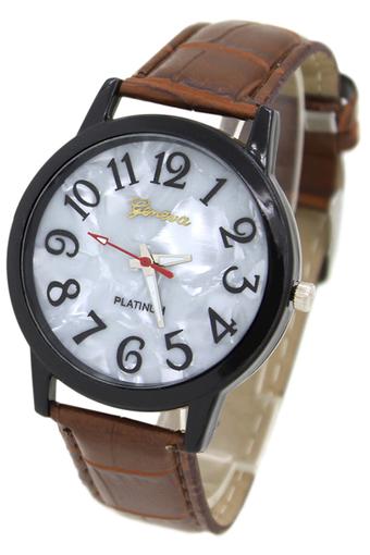 Blue lans Unisex Shell Black Dial Faux Leather Brown Band Wrist Watch  