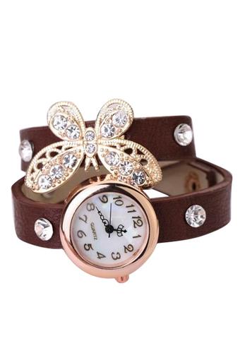 Blue lans Women's Butterfly Rhinestone Coffee Leather Strap Watch  