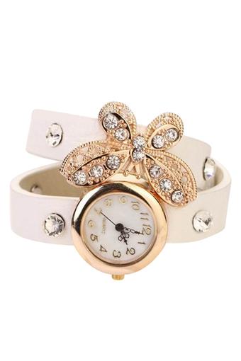 Blue lans Women's Butterfly Rhinestone White Leather Strap Watch  