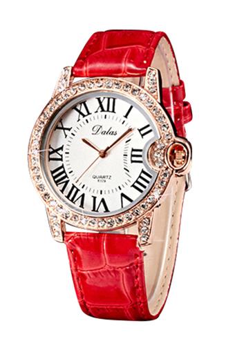 Blue lans Women's Quartz Crystal Bracelet Red Leather Strap Watch  