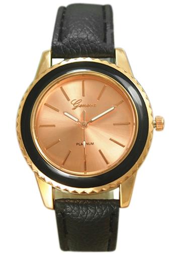 Blue lans Women's Rose Gold Plated Faux Leather Analog Quartz Watch Black  