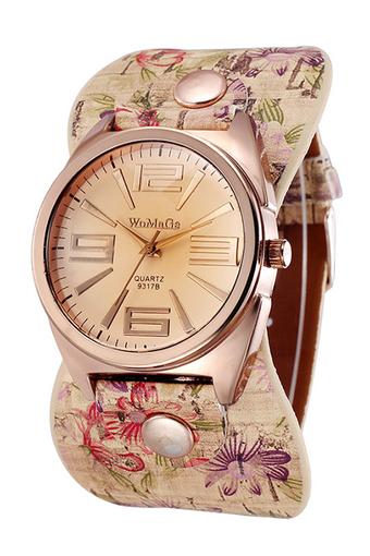 Blue lans Women's Womage Rose Golden Floral Faux Leather Strap Watch  