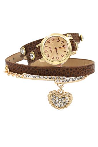 BlueLans Jam Tangan Wanita - Cokelat - Strap Leather - Rhinestone Heart Litchi  