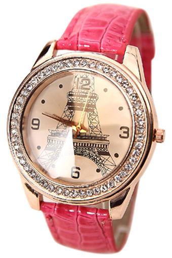 BlueLans Rhinestone Eiffel Tower Watch - Jam Tangan Wanita - Rose Red - Strap Leather  