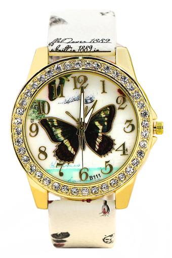 BlueLans Vogue White Faux Leather Band Rhinestone Butterfly Flower Quartz Watch  