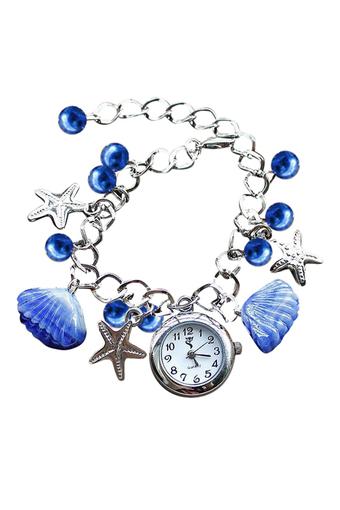 Bluelans Beads Shell Chain Bracelet Cuff Quartz Wrist Watch Dark Blue  