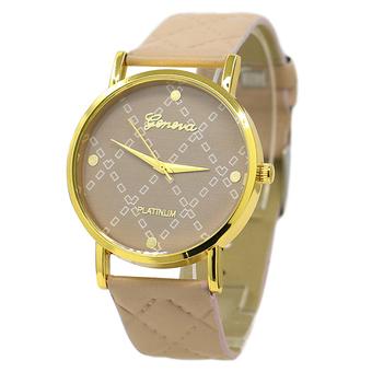 Bluelans Geneva Unisex Faux Leather Checkers Watch Gold Case Wrist Watch Beige  