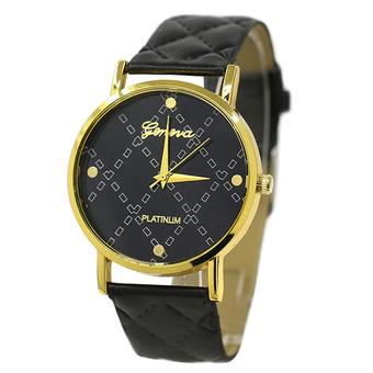 Bluelans Geneva Unisex Faux Leather Checkers Watch Gold Case Wrist Watch Black  