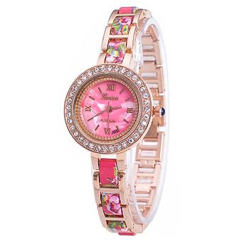 Bluelans Geneva Women Floral Rhinestone Roman Numbers Quartz Bracelet Watch Pink (Intl)  