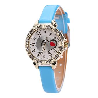 Bluelans Girl's Red Love Heart Faux Leather Rhinestone Quartz Wrist Watch Sky Blue (Intl)  