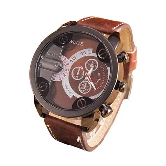 Bluelans Jam Tangan Analog Pria - Strap Kulit Sintetis - Cokelat  