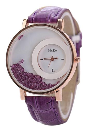 Bluelans Jam Tangan Wanita - Ungu - Strap Kulit - Moveable Rhinestones  