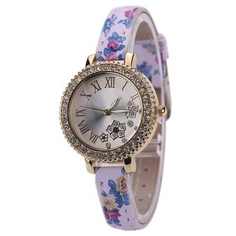 Bluelans Lady's Flower Roman Number Faux Leather Rhinestone Quartz Wrist Watch Light Purple (Intl)  