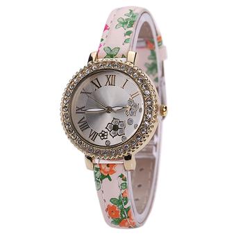 Bluelans Lady's Flower Roman Number Faux Leather Rhinestone Quartz Wrist Watch Beige (Intl)  