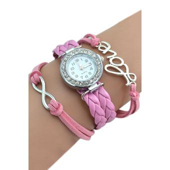 Bluelans Multilayer Leather Bracelet Watch Charm Bangle Wrist Watch Pink  