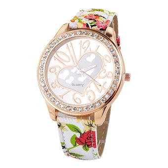 Bluelans Quartz Heart Rhinestone Flower Printed Watch (Red)  