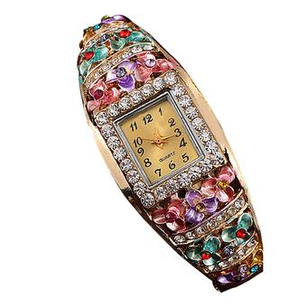 Bluelans Retro Women Rhinestone Hollow Flower Cuff Alloy Quartz Wrist Watch Multi-Color  