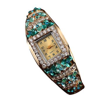 Bluelans Retro Women Rhinestone Hollow Flower Cuff Alloy Quartz Wrist Watch Lake Blue  