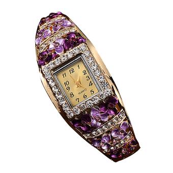 Bluelans Retro Women Rhinestone Hollow Flower Cuff Alloy Quartz Wrist Watch Purple  