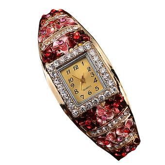 Bluelans Retro Women Rhinestone Hollow Flower Cuff Alloy Quartz Wrist Watch Rose-Red  