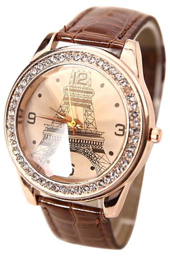 Bluelans Rhinestone Eiffel Tower Watch - Jam Tangan Wanita - Cokelat - Strap Leather  