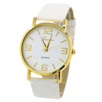 Bluelans Unisex Geneva Checkers Strap Quartz Watch Golden Case Casual White  